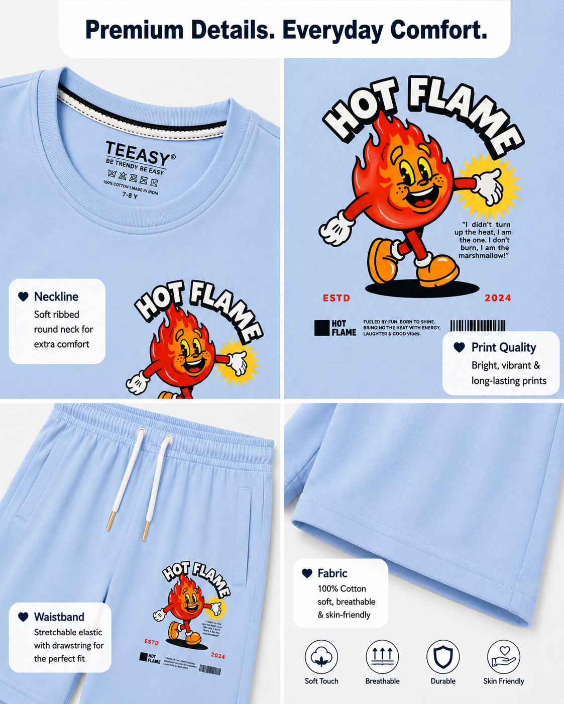 TEEASY Sky Blue Hot Flame Coord Set