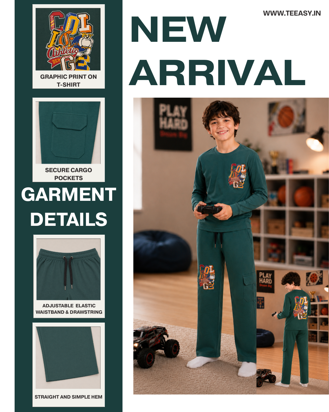 TEEASY College Athletic Bottle Green Coord Set