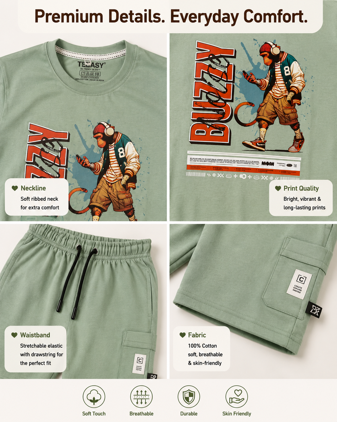 TEEASY Forest Green Buzzy Coord Set
