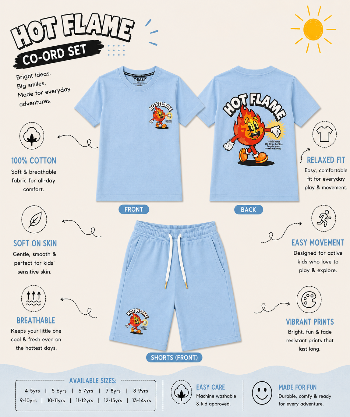 TEEASY Sky Blue Hot Flame Coord Set