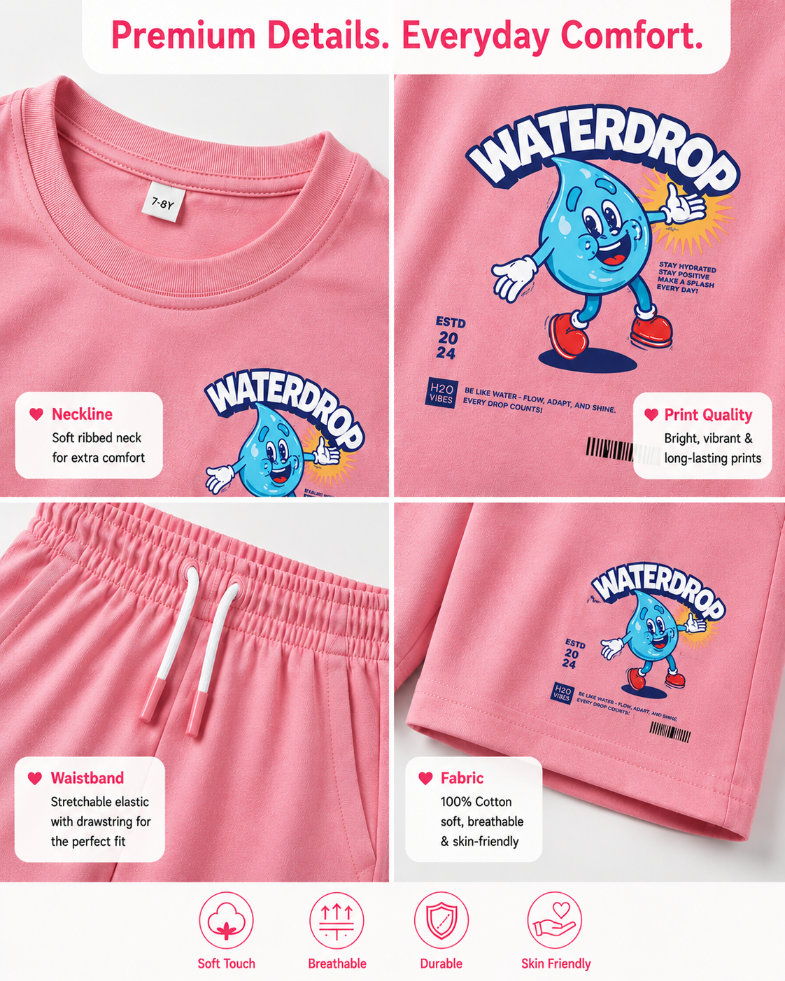 TEEASY Pink Waterdrop Coord Set